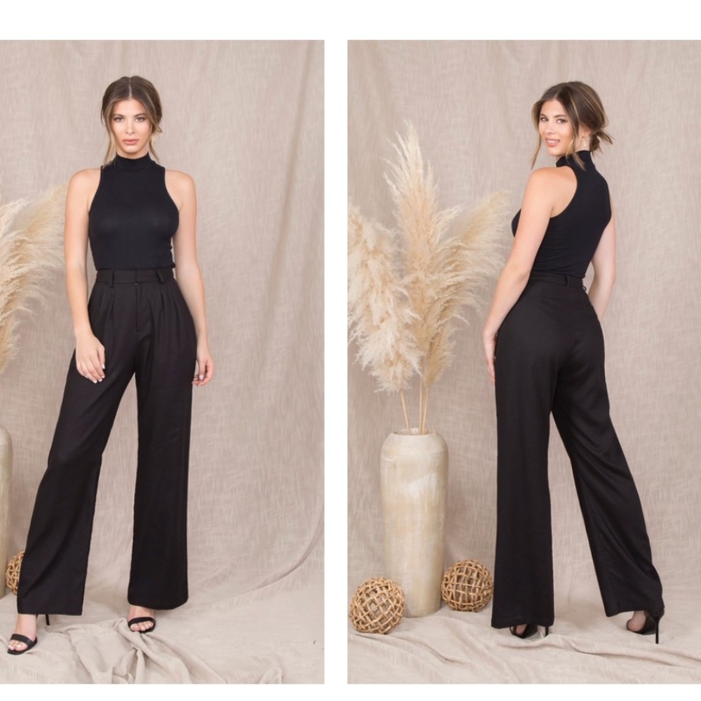 Black wide leg high waisted linen trousers
